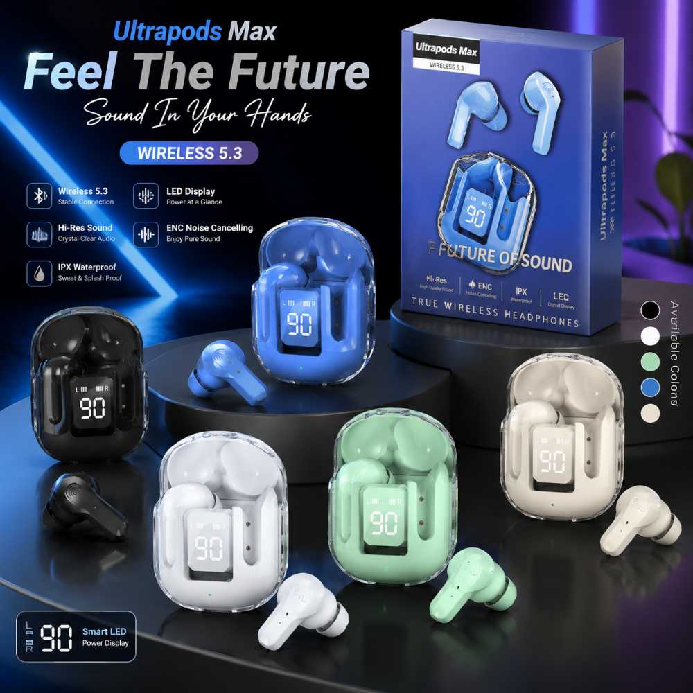 Ultrapods Max Wireless 5.3 Earbuds with LED Display, Hi-Res Sound & ENC Noise Cancelling